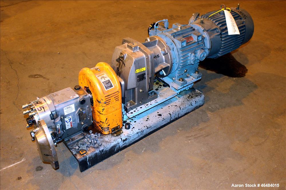 Used Waukesha Rotary Positive Displacement Pump, Model 030U2AP, 316 Stainless Steel. Approximately 36 gallons per minute at 250 psi maximum pressure at 600 rpm capacity, 0.060 gallon displacement per...