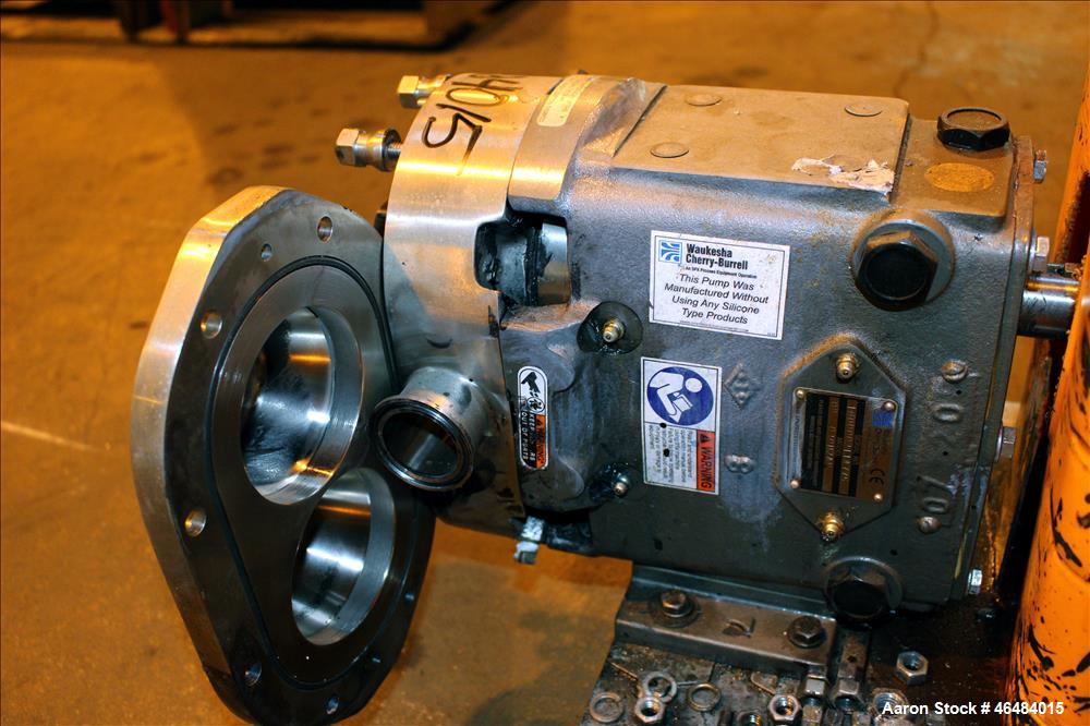 Used Waukesha Rotary Positive Displacement Pump, Model 030U2AP, 316 Stainless Steel. Approximately 36 gallons per minute at 250 psi maximum pressure at 600 rpm capacity, 0.060 gallon displacement per...