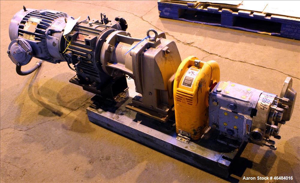 Used Waukesha Rotary Positive Displacement Pump, Model 030U2, 316 Stainless Steel. Approximately 36 gallons per minute at 250 psi maximum pressure at 600 rpm capacity, 0.060 gallon displacement per r...