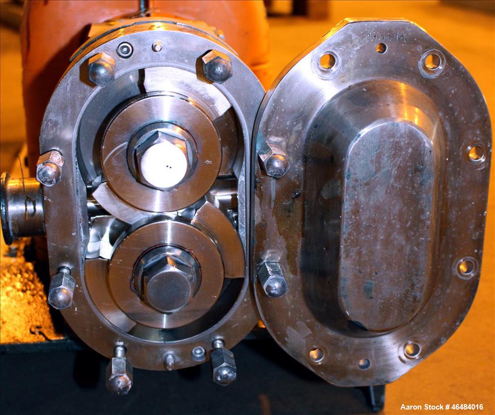 Used Waukesha Rotary Positive Displacement Pump, Model 030U2, 316 Stainless Steel. Approximately 36 gallons per minute at 250 psi maximum pressure at 600 rpm capacity, 0.060 gallon displacement per r...