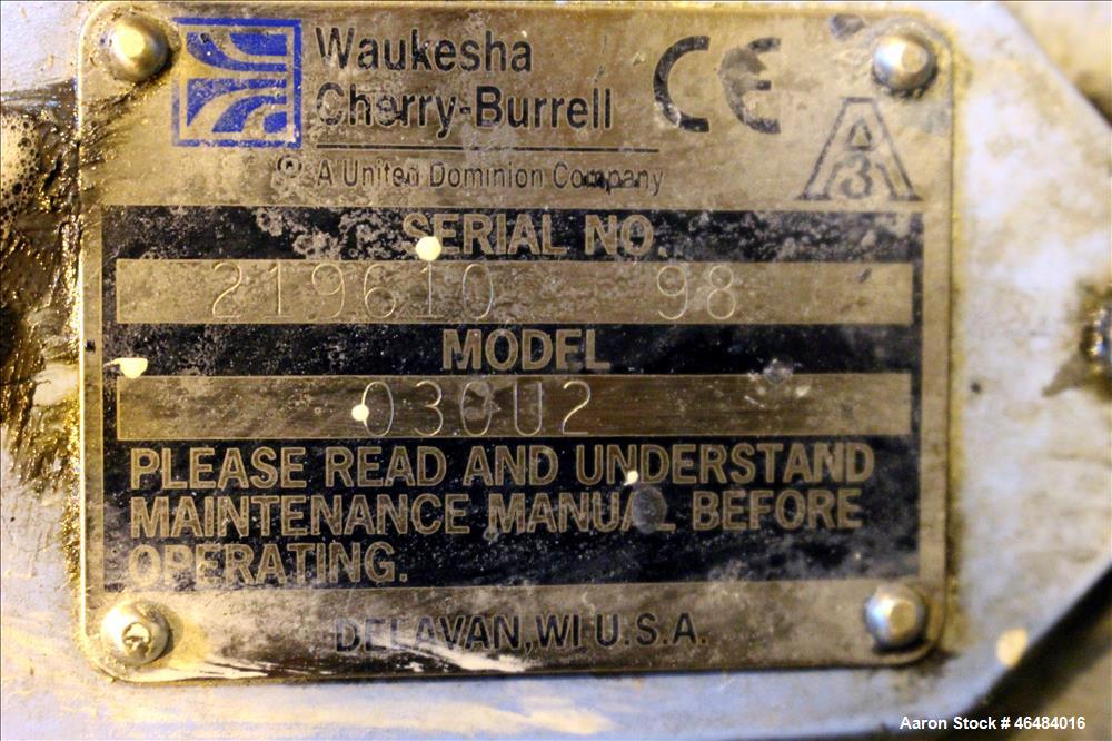 Used Waukesha Rotary Positive Displacement Pump, Model 030U2, 316 Stainless Steel. Approximately 36 gallons per minute at 250 psi maximum pressure at 600 rpm capacity, 0.060 gallon displacement per r...