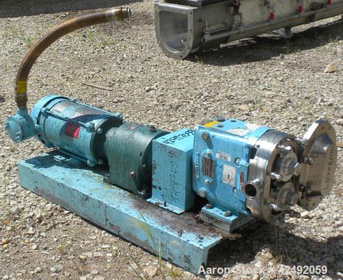 Used Waukesha Rotary Positive Displacement Pump, Model 030US-AP, 316 Stainless Steel. Approximately 36 gallons per minute at 100 psi at 600 rpm capacity, .06 gallon displacement per revolution. 1-1/2...