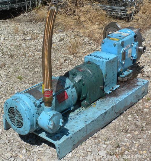 Used Waukesha Rotary Positive Displacement Pump, Model 030US-AP, 316 Stainless Steel. Approximately 36 gallons per minute at 100 psi at 600 rpm capacity, .06 gallon displacement per revolution. 1-1/2...