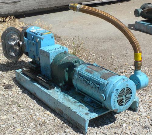 Used Waukesha Rotary Positive Displacement Pump, Model 030US-AP, 316 Stainless Steel. Approximately 36 gallons per minute at 100 psi at 600 rpm capacity, .06 gallon displacement per revolution. 1-1/2...