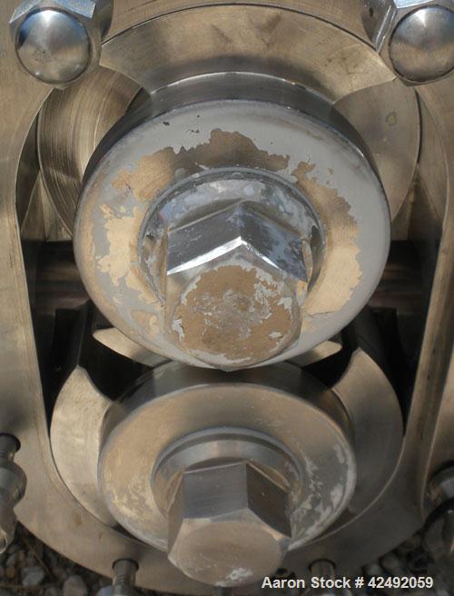 Used Waukesha Rotary Positive Displacement Pump, Model 030US-AP, 316 Stainless Steel. Approximately 36 gallons per minute at 100 psi at 600 rpm capacity, .06 gallon displacement per revolution. 1-1/2...