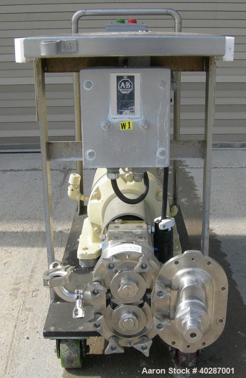 Used Waukesha Cherry Burrell positive displacement pump, model 030, 316 stainless steel. Approximate capacity 36 gallons per minute at 600 rpm. 1 1/2" triclamp inlet/outlet.  (2) stainless steel roto...