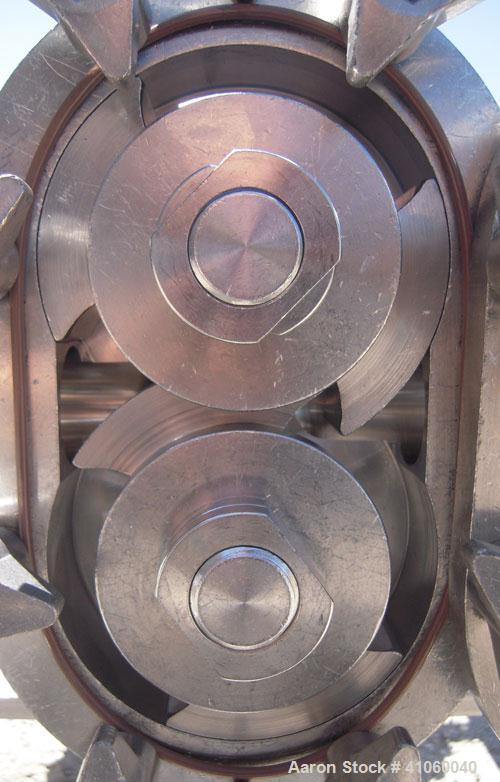 Used Waukesha Rotary Positive Displacement Pump, Model 030, 316 Stainless Steel. Approximately 36 gallons per minute at 100 psi at 600 rpm capacity, (.06) gallon displacement per revolution. 1 1/2" t...