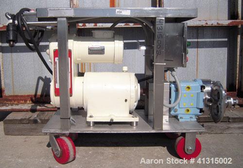 Used Waukesha Rotary Positive Displacement Pump, model 030, 316 stainless steel. Approximately 36 gallons per minute at 100 psi at 600 rpm capacity, .06 gallon displacement per revolution. 1 1/2" tri...