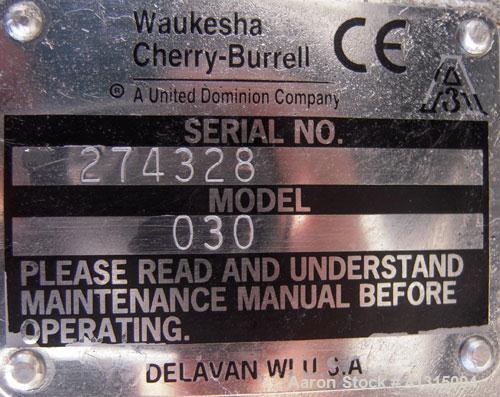 Used Waukesha Rotary Positive Displacement Pump, Model 030, 316 Stainless Steel. Approximately 36 gallons per minute at 100 psi at 600 rpm capacity, .06 gallon displacement per revolution. Stainless ...