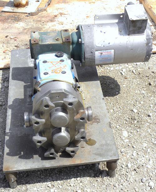 Used Waukesha Rotary Positive Displacement Pump, Model 030, 316 Stainless Steel. Approximately 36 gallons per minute at 100 psi at 600 rpm capacity, .06 gallon displacement per revolution. 2" Threade...