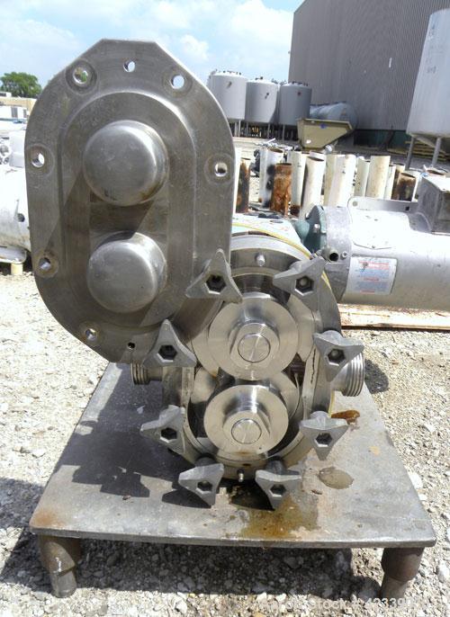 Used Waukesha Rotary Positive Displacement Pump, Model 030, 316 Stainless Steel. Approximately 36 gallons per minute at 100 psi at 600 rpm capacity, .06 gallon displacement per revolution. 2" Threade...