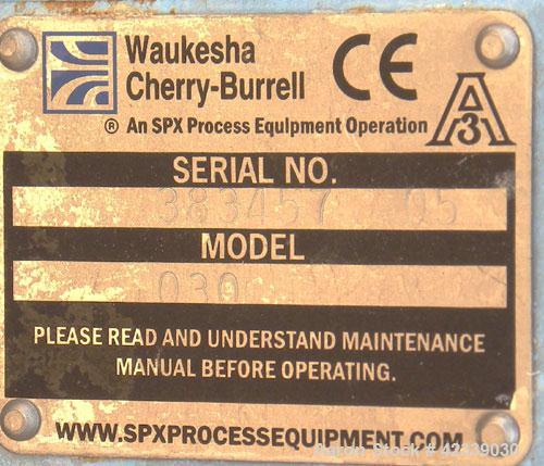 Used Waukesha Rotary Positive Displacement Pump, Model 030, 316 Stainless Steel. Approximately 36 gallons per minute at 100 psi at 600 rpm capacity, .06 gallon displacement per revolution. 2" Threade...