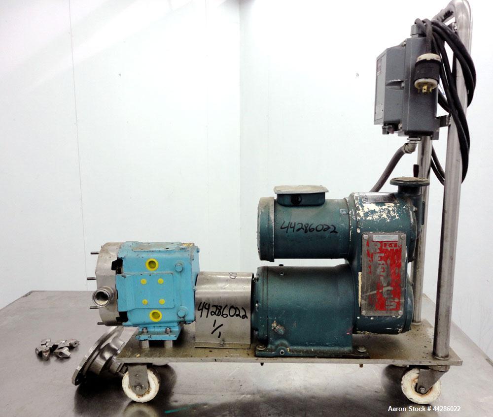 Used Waukesha Rotary Positive Displacement Pump, Model 30, 316 Stainless Steel. Approximately 36 gallons per minute at 100 psi at 600 rpm capacity, (.06) gallon displacement per revolution. 1-1/2" Tr...