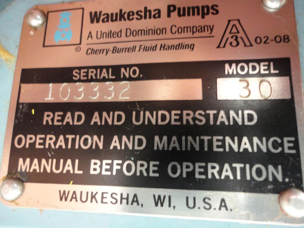 Used Waukesha Rotary Positive Displacement Pump, Model 30, 316 Stainless Steel. Approximately 36 gallons per minute at 100 psi at 600 rpm capacity, (.06) gallon displacement per revolution. 1-1/2" Tr...