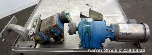 Used Waukesha Rectangular Flange Universal Rotary Positive Displacement Pump, Model 034, 316 Stainless Steel. Approximately 24 gallons per minute at 200 psi at 400 rpm, (0.060) gallon displacement pe...