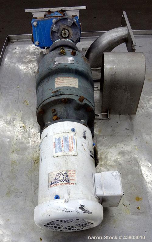 Used Waukesha Rectangular Flange Universal Rotary Positive Displacement Pump, Model 034, 316 Stainless Steel. Approximately 24 gallons per minute at 200 psi at 400 rpm, 0.060 gallon displacement per ...