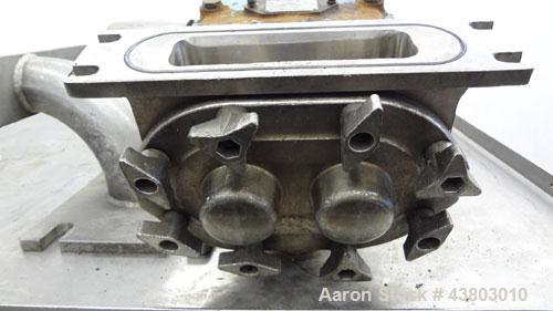 Used Waukesha Rectangular Flange Universal Rotary Positive Displacement Pump, Model 034, 316 Stainless Steel. Approximately 24 gallons per minute at 200 psi at 400 rpm, 0.060 gallon displacement per ...