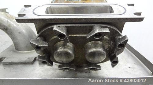 Used Waukesha Rectangular Flange Universal Rotary Positive Displacement Pump, Model 034, 316 Stainless Steel. Approximately 24 gallons per minute at 200 psi at 400 rpm, 0.060 gallon displacement per ...