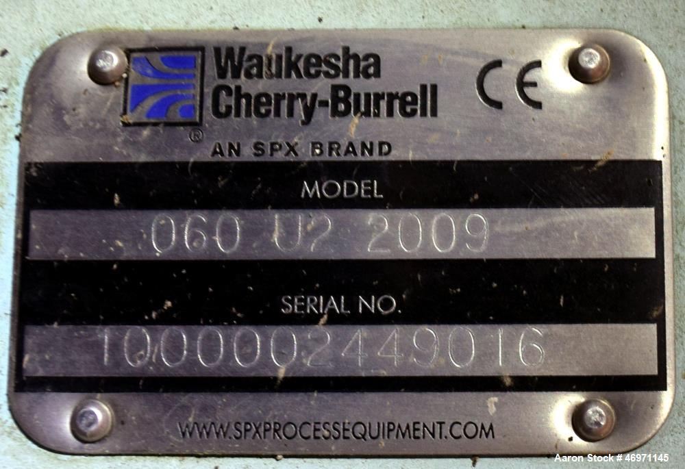 Unused- Waukesha Positive Displacement Pump, Model 060U2, Stainless Steel. Approximate displacement 0.153 gallons per revolution, nominal capacity to 90 gallons per minute. Driven by a 5hp, 3/60/208-...