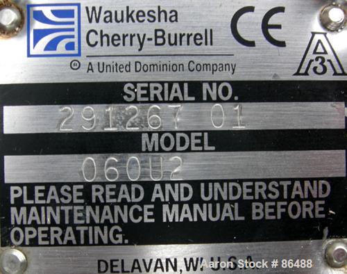 USED: Waukesha SP universal rotary positive displacement pump, model 060U2, 316 stainless steel. (2) Stainless steel rotors, 3" tri clamp inlet/outlet. Approximate .15 gallon displacement per revolut...