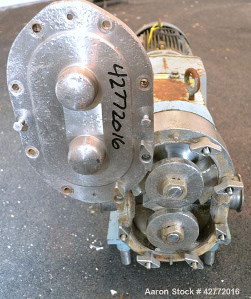 Used Waukesha Rotary Positive Displacement Pump, Model 060, 316 Stainless Steel. Approximately 90 gallons per minute at 200 psi at 600 rpm. (.153) gallons displacement per revolution. 2-1/2" Tri-clam...