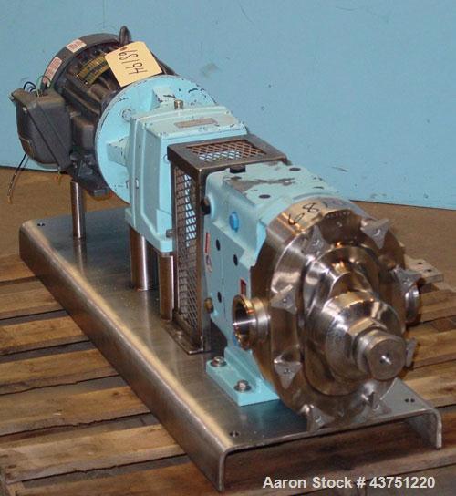 Used Waukesha Universal Rotary Positive Displacement Pump, Model 060, 316 Stainless Steel. Approximately 90 gallons per minute at 200 psi at 600 rpm. 0.153 gallons displacement per revolution. 2-1/2"...