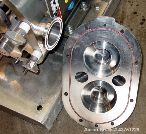 Used Waukesha Universal Rotary Positive Displacement Pump, Model 060, 316 Stainless Steel. Approximately 90 gallons per minute at 200 psi at 600 rpm. 0.153 gallons displacement per revolution. 2-1/2"...