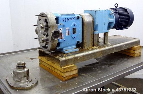 Used Waukesha Universal Rotary Positive Displacement Pump, Model 060, 316 Stainless Steel. Approximately 90 gallons per minute at 200 psi at 600 rpm. (0.153) gallons displacement per revolution. 2-1/...