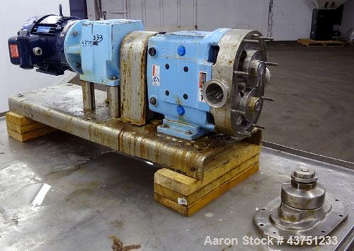 Used Waukesha Universal Rotary Positive Displacement Pump, Model 060, 316 Stainless Steel. Approximately 90 gallons per minute at 200 psi at 600 rpm. (0.153) gallons displacement per revolution. 2-1/...