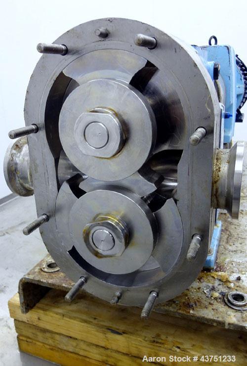 Used Waukesha Universal Rotary Positive Displacement Pump, Model 060, 316 Stainless Steel. Approximately 90 gallons per minute at 200 psi at 600 rpm. (0.153) gallons displacement per revolution. 2-1/...