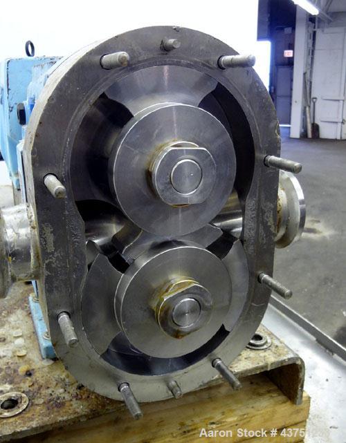 Used Waukesha Universal Rotary Positive Displacement Pump, Model 060, 316 Stainless Steel. Approximately 90 gallons per minute at 200 psi at 600 rpm. (0.153) gallons displacement per revolution. 2-1/...