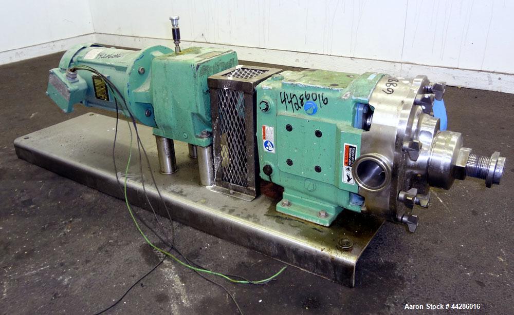 Used Waukesha Rotary Positive Displacement Pump, Model 60, 316 Stainless Steel. Approximately 90 gallons per minute at 200 psi at 600 rpm. (0.153) gallons displacement per revolution. 2-1/2” Tri-clam...