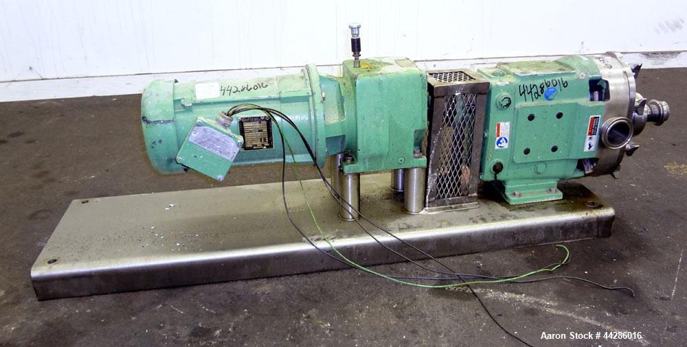 Used Waukesha Rotary Positive Displacement Pump, Model 60, 316 Stainless Steel. Approximately 90 gallons per minute at 200 psi at 600 rpm. (0.153) gallons displacement per revolution. 2-1/2” Tri-clam...