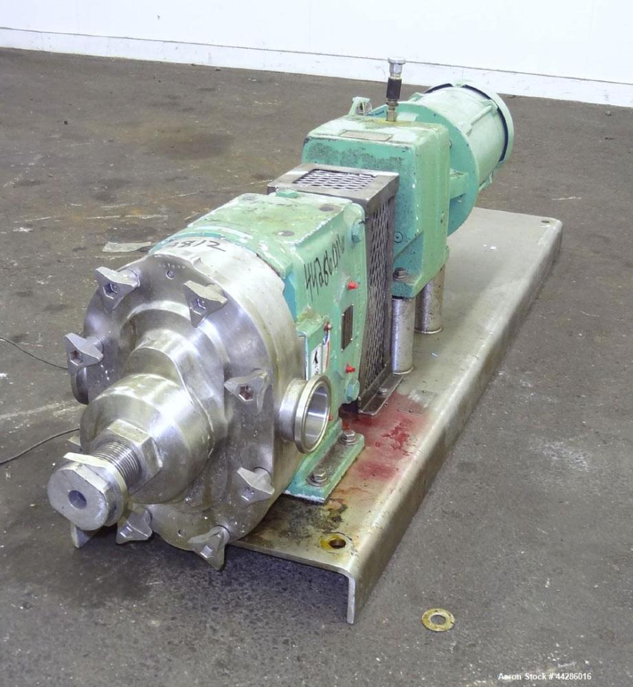 Used Waukesha Rotary Positive Displacement Pump, Model 60, 316 Stainless Steel. Approximately 90 gallons per minute at 200 psi at 600 rpm. (0.153) gallons displacement per revolution. 2-1/2” Tri-clam...