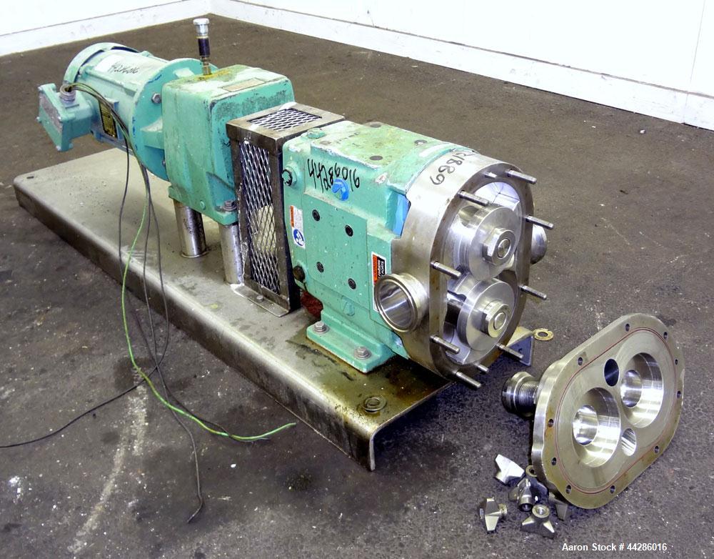 Used Waukesha Rotary Positive Displacement Pump, Model 60, 316 Stainless Steel. Approximately 90 gallons per minute at 200 psi at 600 rpm. (0.153) gallons displacement per revolution. 2-1/2” Tri-clam...