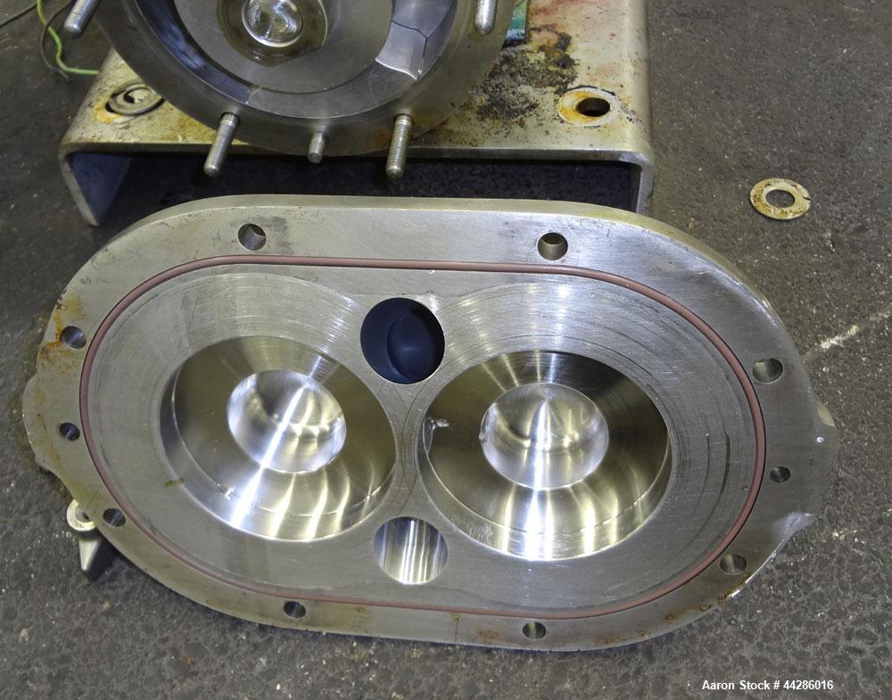 Used Waukesha Rotary Positive Displacement Pump, Model 60, 316 Stainless Steel. Approximately 90 gallons per minute at 200 psi at 600 rpm. (0.153) gallons displacement per revolution. 2-1/2” Tri-clam...