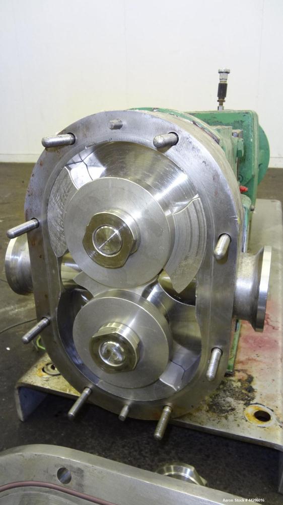 Used Waukesha Rotary Positive Displacement Pump, Model 60, 316 Stainless Steel. Approximately 90 gallons per minute at 200 psi at 600 rpm. (0.153) gallons displacement per revolution. 2-1/2” Tri-clam...