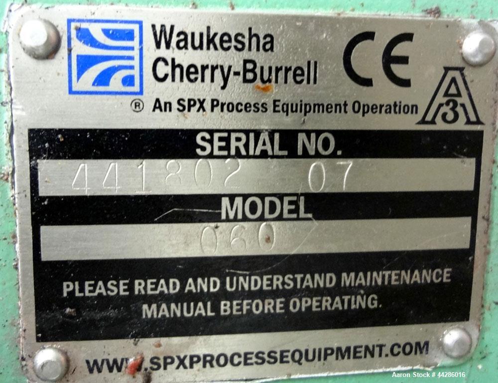 Used Waukesha Rotary Positive Displacement Pump, Model 60, 316 Stainless Steel. Approximately 90 gallons per minute at 200 psi at 600 rpm. (0.153) gallons displacement per revolution. 2-1/2” Tri-clam...