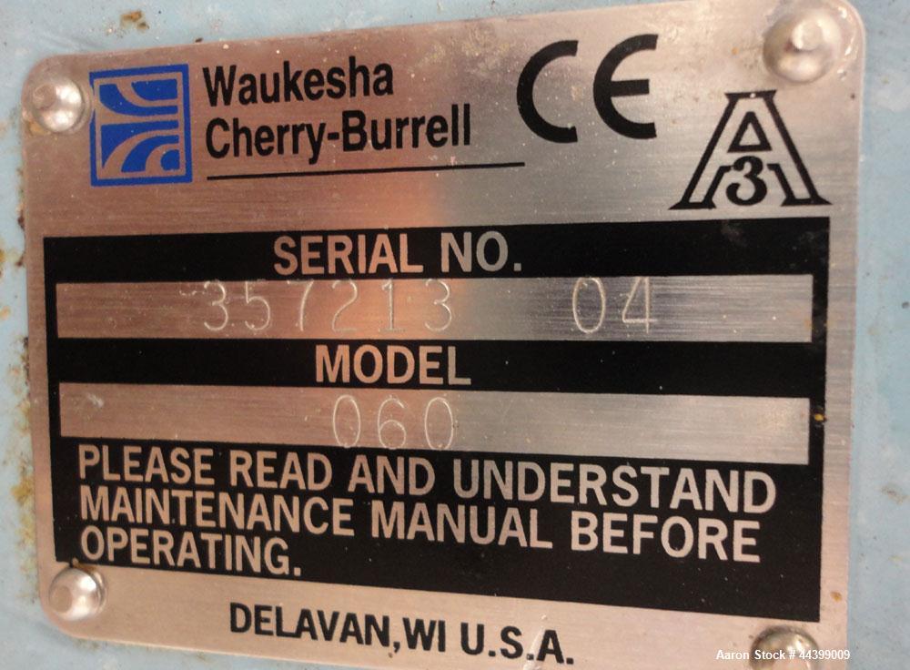 Used Waukesha Positive Displacement Pump, Model 060, 316 Stainless Steel. Rated approximately 90 gallons per minute at 200 psi at 600 rpm, 0.153 gallons displacement per revolution, (2) stainless ste...