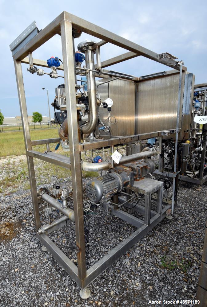 Used Waukesha Positive Displacement Pump, Model 130/U2, 316 Stainless Steel. Approximate displacement 0.254 gallons per revolution, nominal capacity to 150 gallons per minute. Driven by a 5hp, 3/60/2...