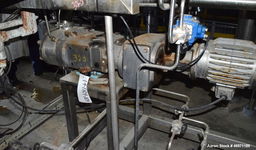Used Waukesha Positive Displacement Pump, Model 130/U2, 316 Stainless Steel. Approximate displacement 0.254 gallons per revolution, nominal capacity to 150 gallons per minute. Driven by a 5hp, 3/60/2...