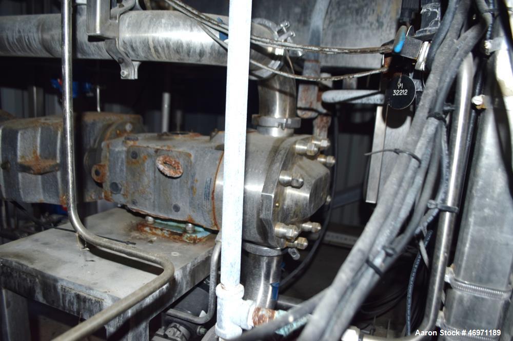 Used Waukesha Positive Displacement Pump, Model 130/U2, 316 Stainless Steel. Approximate displacement 0.254 gallons per revolution, nominal capacity to 150 gallons per minute. Driven by a 5hp, 3/60/2...
