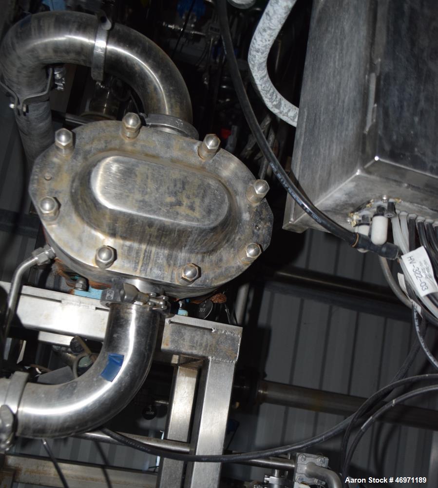 Used Waukesha Positive Displacement Pump, Model 130/U2, 316 Stainless Steel. Approximate displacement 0.254 gallons per revolution, nominal capacity to 150 gallons per minute. Driven by a 5hp, 3/60/2...