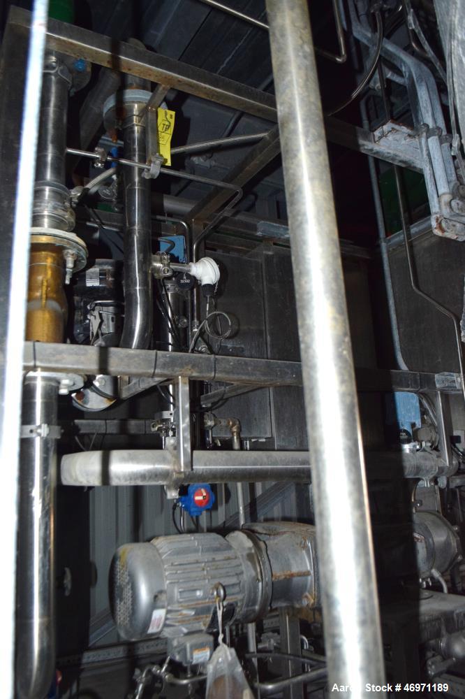 Used Waukesha Positive Displacement Pump, Model 130/U2, 316 Stainless Steel. Approximate displacement 0.254 gallons per revolution, nominal capacity to 150 gallons per minute. Driven by a 5hp, 3/60/2...