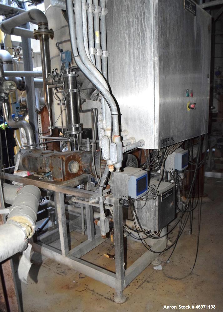 Used Waukesha Positive Displacement Pump, Model 130/U2, Stainless Steel. Approximate displacement 0.254 gallons per revolution, nominal capacity to 150 gallons per minute. Driven by a 5hp, 3/60/208-2...