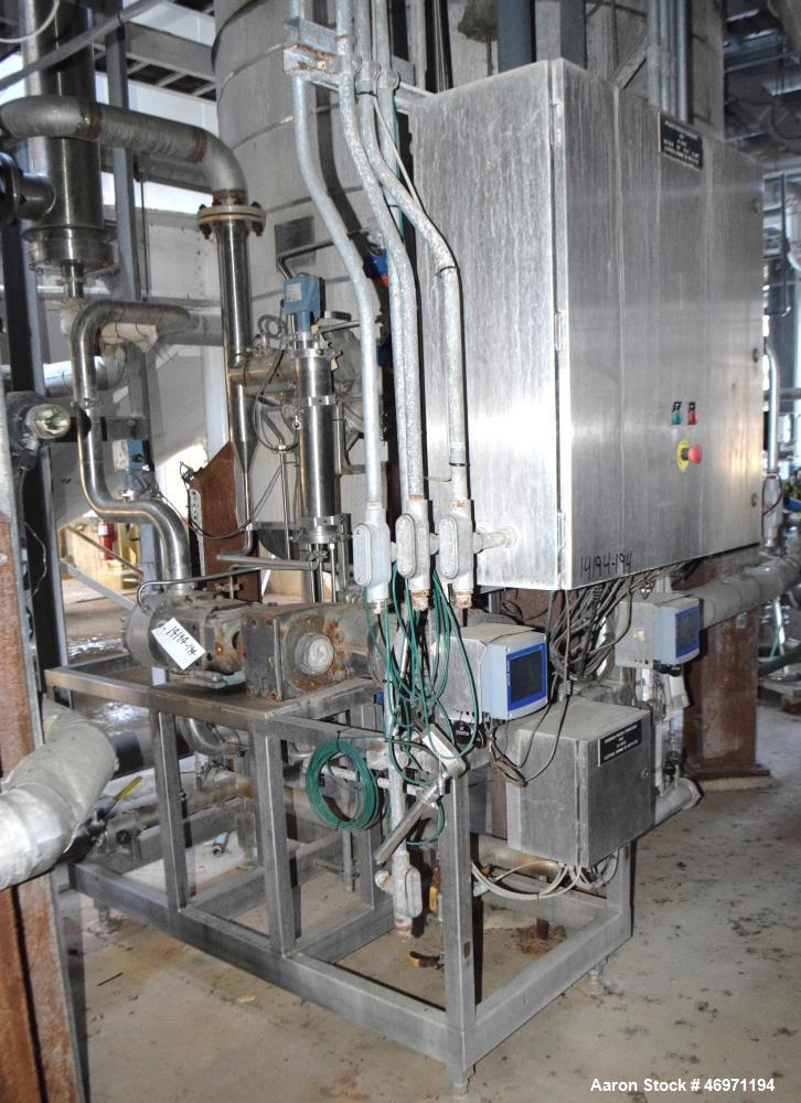 Used Waukesha Positive Displacement Pump, Model 130/U2, Stainless Steel. Approximate displacement 0.254 gallons per revolution, nominal capacity to 150 gallons per minute. Driven by a 5hp, 3/60/208-2...