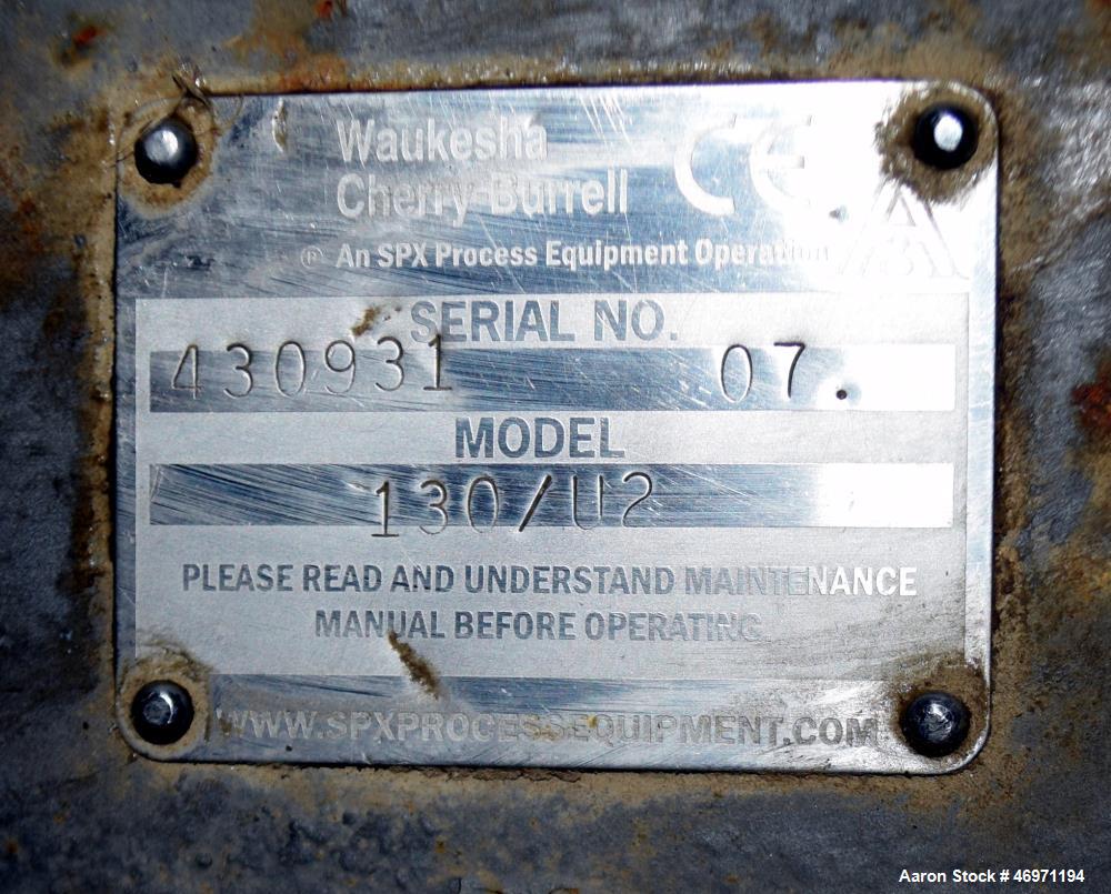 Used Waukesha Positive Displacement Pump, Model 130/U2, Stainless Steel. Approximate displacement 0.254 gallons per revolution, nominal capacity to 150 gallons per minute. Driven by a 5hp, 3/60/208-2...