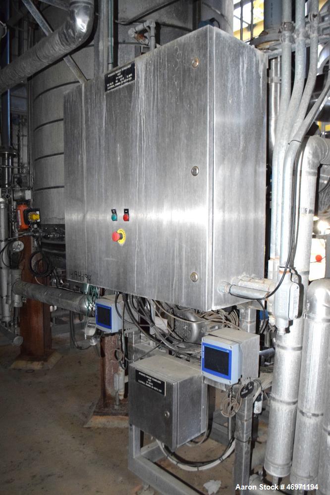 Used Waukesha Positive Displacement Pump, Model 130/U2, Stainless Steel. Approximate displacement 0.254 gallons per revolution, nominal capacity to 150 gallons per minute. Driven by a 5hp, 3/60/208-2...