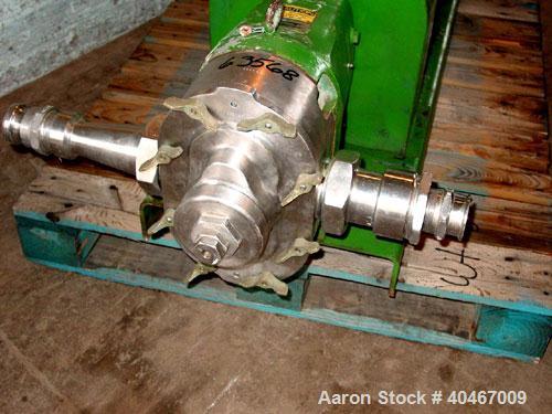 Used Waukesha model 130 positive displacement pump. Stainless pump head, 3 in sanitary threaded inlet / outlet, 10 hp, 3/60/230/460,  wired 460, carbon steel base.
