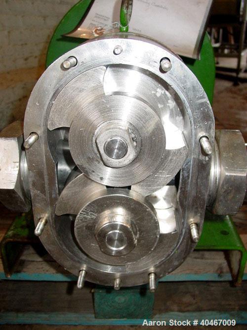 Used Waukesha model 130 positive displacement pump. Stainless pump head, 3 in sanitary threaded inlet / outlet, 10 hp, 3/60/230/460,  wired 460, carbon steel base.